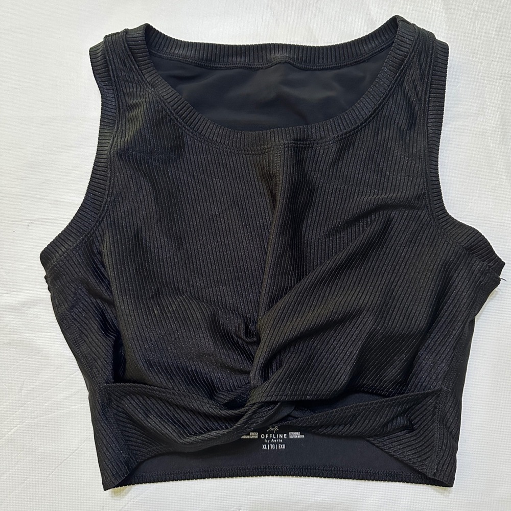OFFLINE by Aerie Ribbed Crop Top XL Twist Front Black Activewear Athleisure Yoga